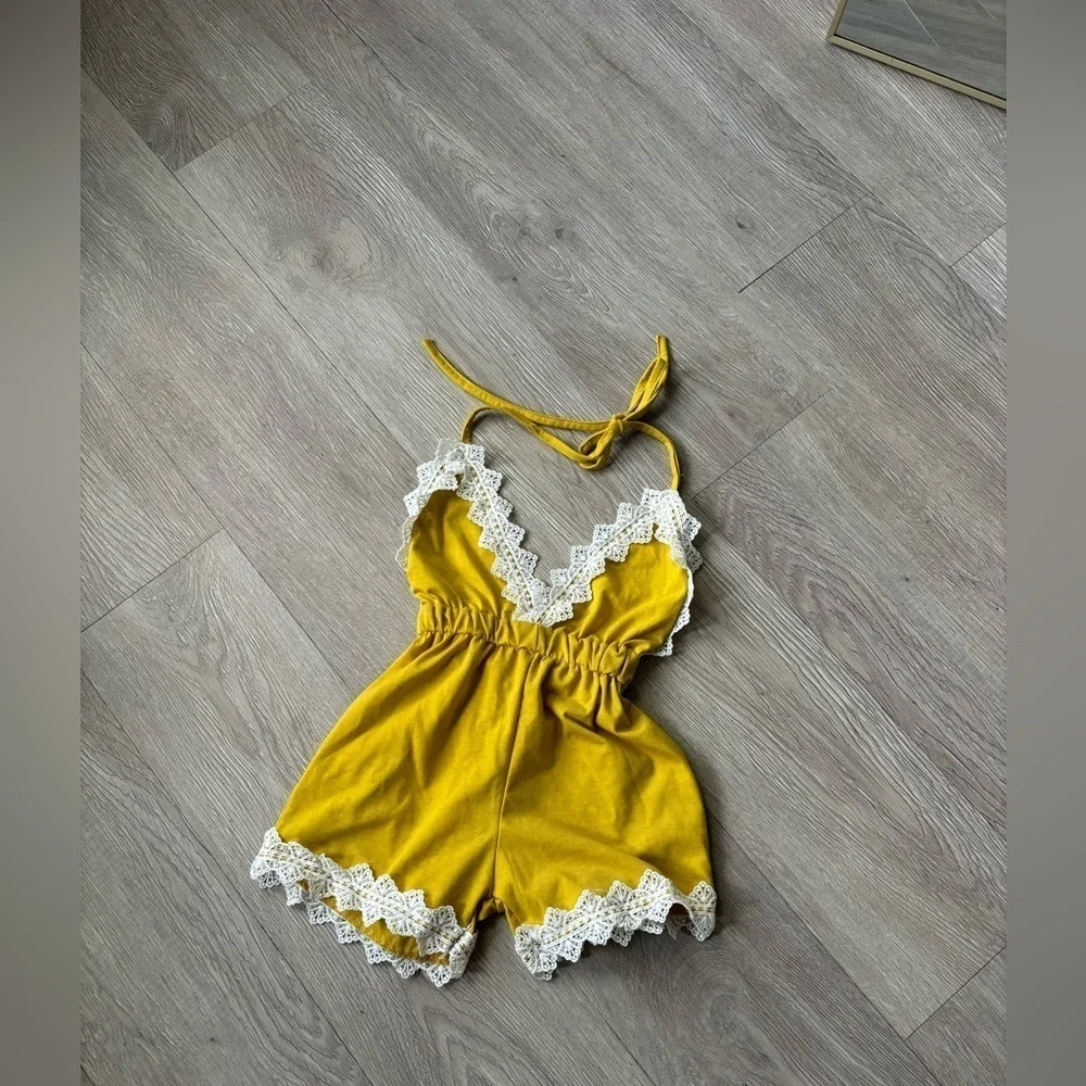 Baby Romper - Mustard yellow with lace detail size 6months
